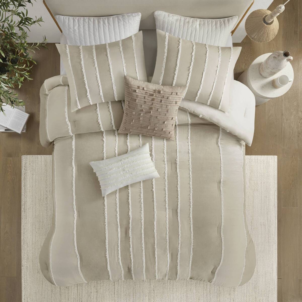 3 Piece Striped Cotton Comforter Set Taupe King Cal King Taupe Cotton
