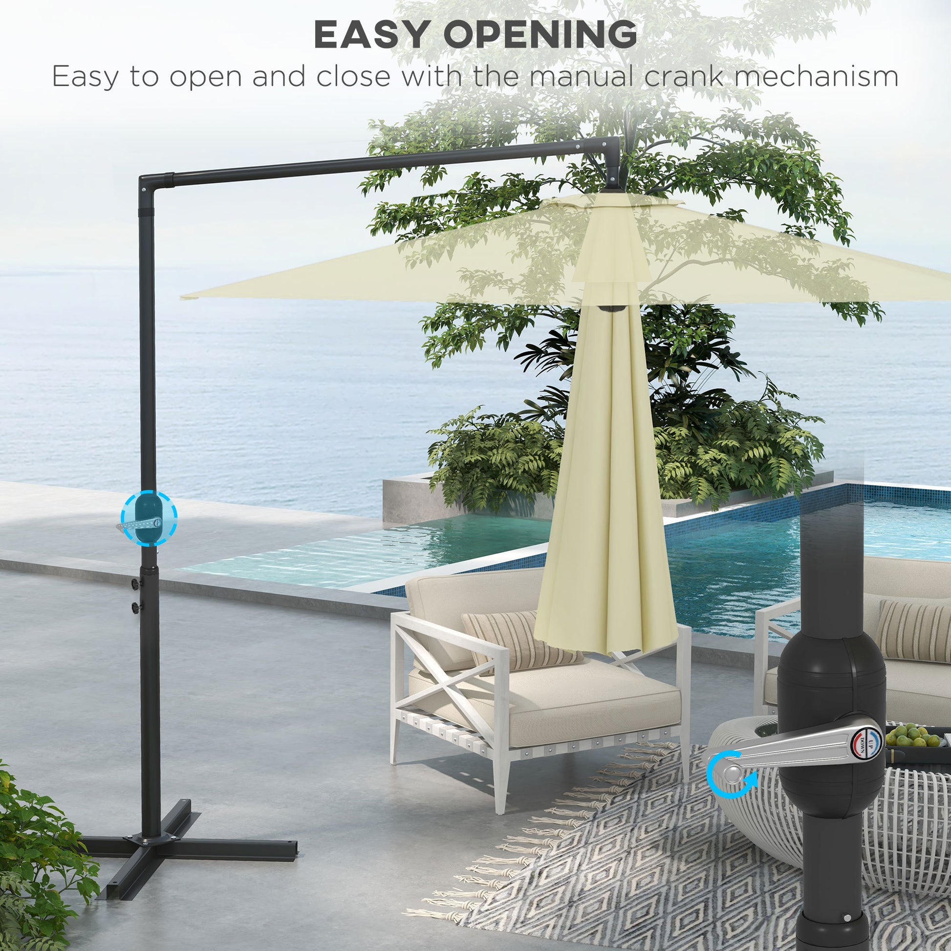 Outsunny 9.5Ft Cantilever Patio Umbrella With Crank, Cross Base And Air Vent, Round Hanging Offset Umbrella, Heavy Duty Outdoor Umbrella For Garden, Pool, Backyard, Deck, Beige Beige Polyester