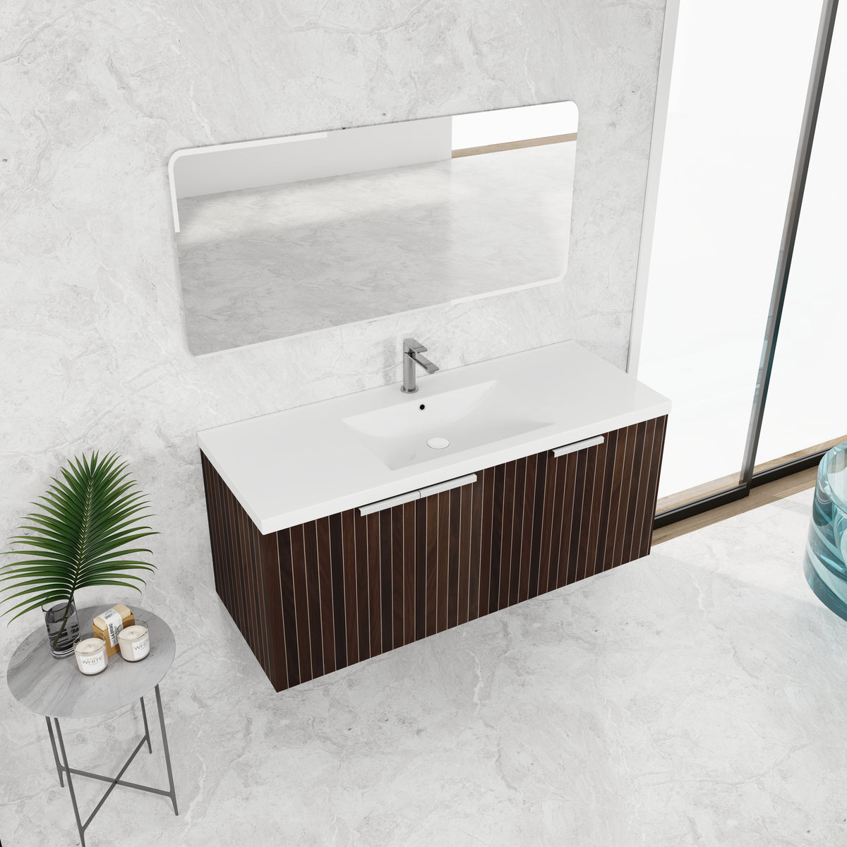 48 Inch Bathroom Cabinet With Resin Sink,Soft Close Doors,Float Mounting Design Silver Brown Stripe Bathroom Modern Plywood Plywood