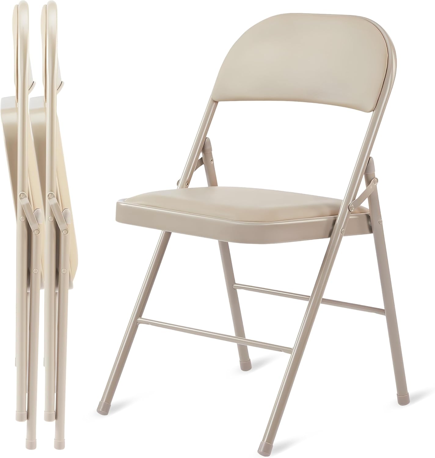 2 Pack Folding Chairs With Leather Padded Cushion Seats & Durable Metal Frame, Comfortable, Foldable, Portable, Commercial Event Seat, Indoor Outdoor For Parties, Home, Office, Kahki Khaki Leather