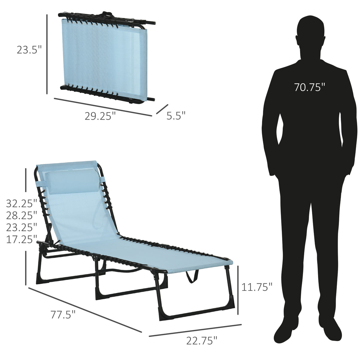 Outsunny Folding Chaise Lounge Pool Chair, Patio Sun Tanning Chair, Outdoor Lounge Chair W 4 Position Reclining Back, Pillow,Mesh & Bungee Seat For Beach, Yard, Patio, Baby Blue Blue Steel
