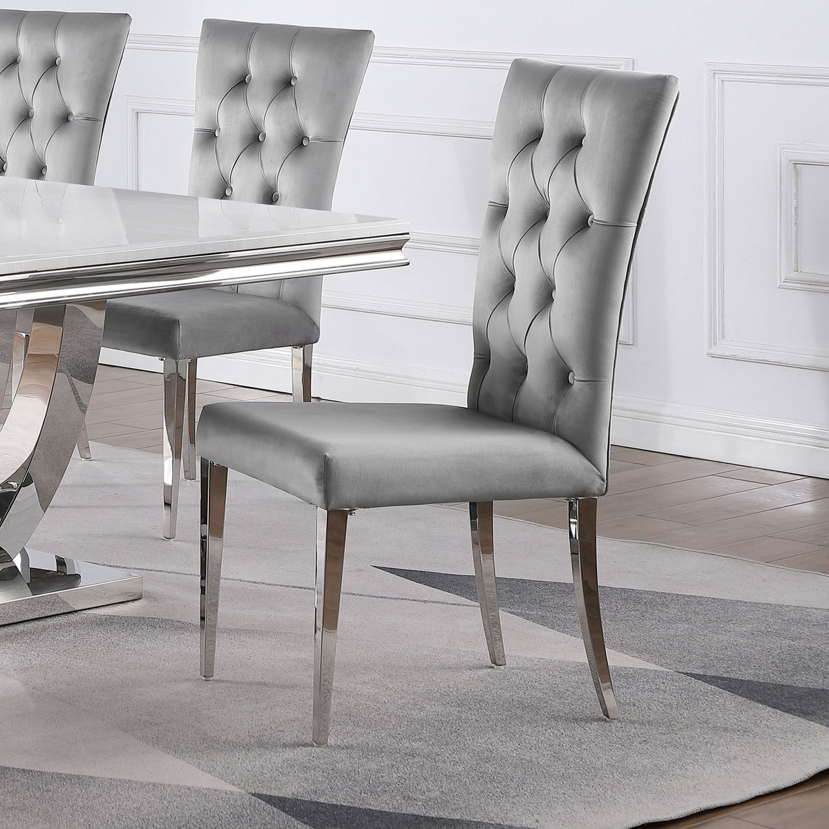Set Of 2 Velvet Upholstered Side Chairs, Grey And Chrome Grey Dining Room Rectangular Modern Side Chair Tufted Back Set Of 2 Steel,Velvet
