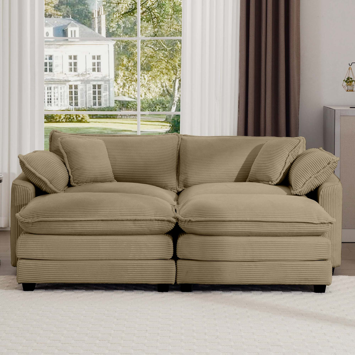 Corduroy Two Seater Sofa With 2 Footrest, 2 Seater Sofa With Ottoman For Small Living Spaces, Tan Corduroy Sofa Tan Corduroy 2 Seat