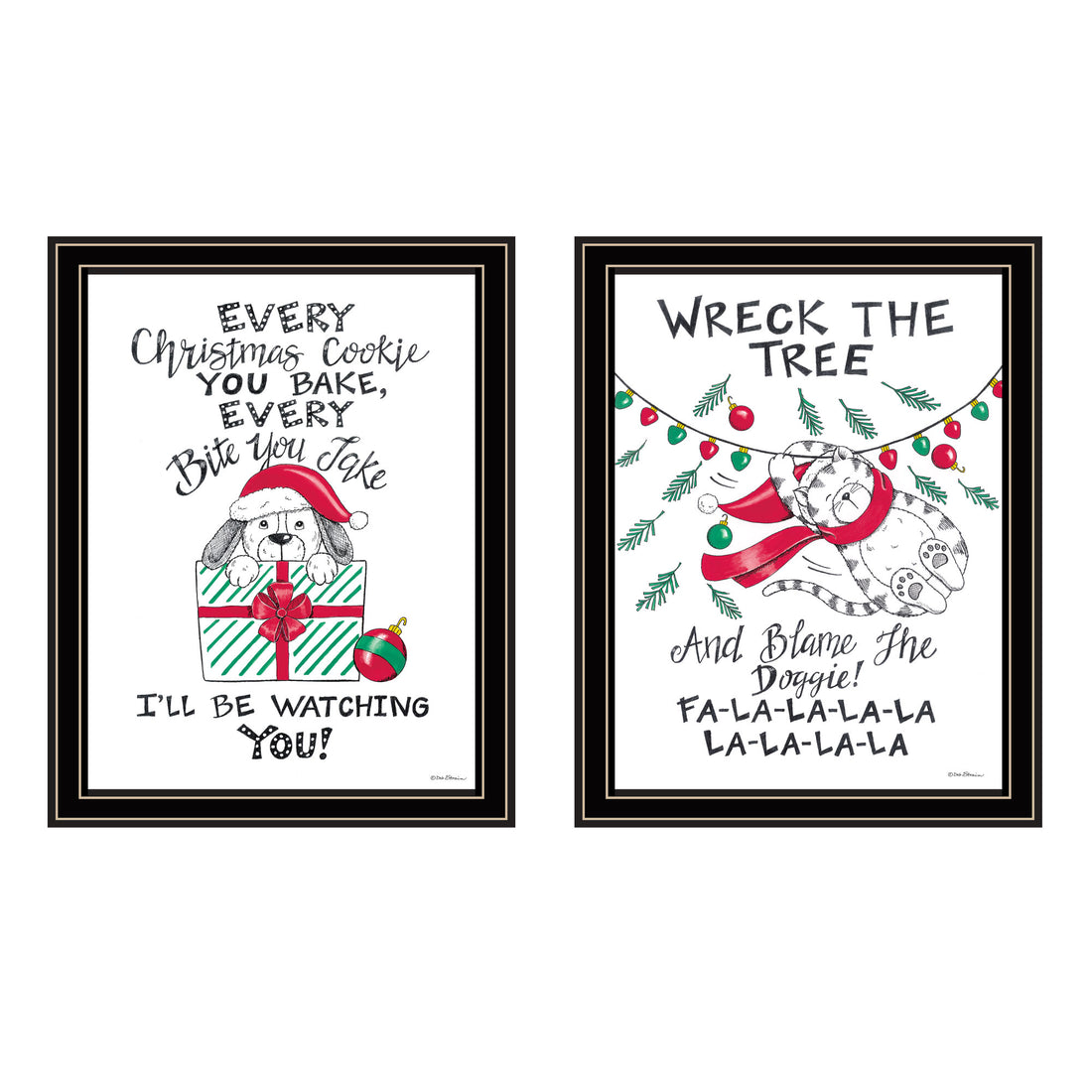 2 Piece Vignette Cat & Dog Christmas Enjoyment Black Framed Wall Art For Living Room, Bedroom Wall Art Print For Home Decor By Deb Strain Multi Wood Paper