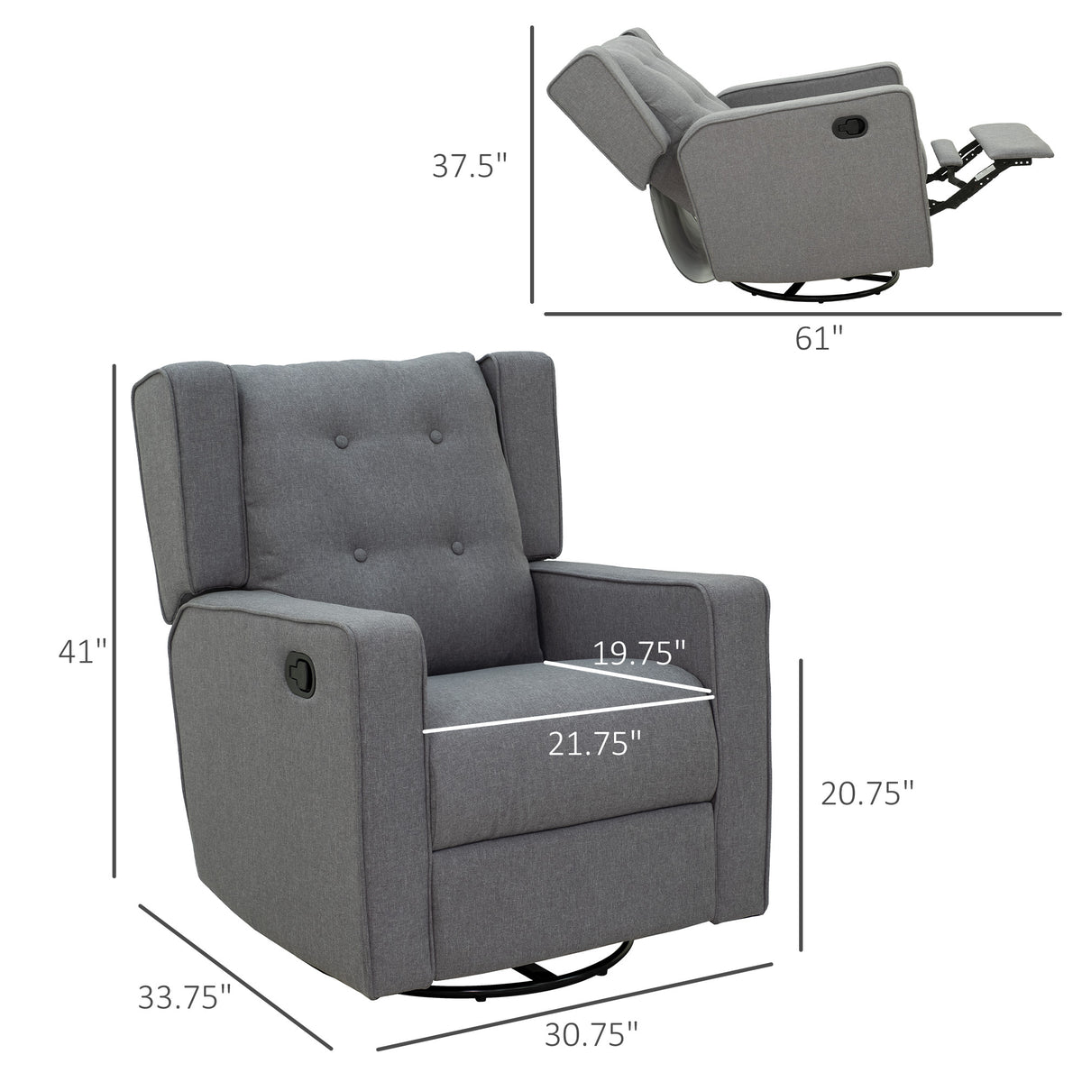 Homcom Wingback Swivel Recliner Chair Glider Rocking Chair For Nursery With Button Tufted, Padded Single Home Theater Seater For Living Room Bedroom, Grey Grey Linen
