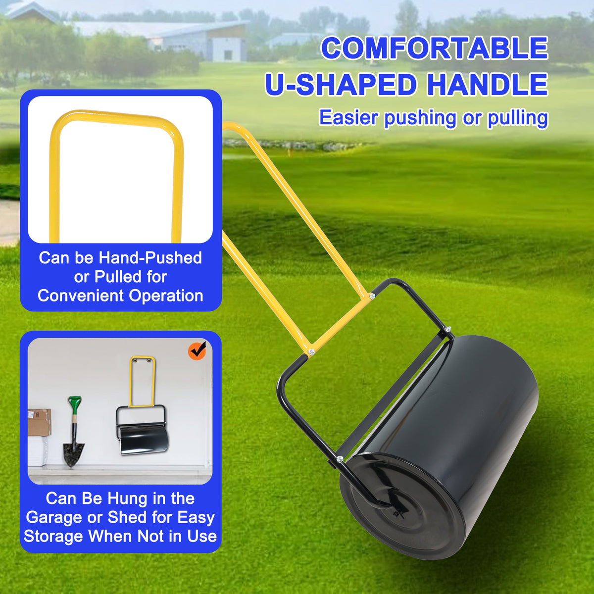 40 Litre High Capacity Lawn Roller, Can Fill Sand Water, U Shaped Ergonomic Handle, Easy To Push And Pull, Suitable For Gardens, Farms, Parks, Black Yellow Black Iron