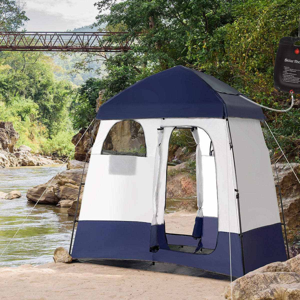 Outsunny Shower Tent, Pop Up Privacy Shelter For Camping, Dressing Changing Room, Portable Instant Outdoor Shower Tent Enclosure W 2 Rooms, Shower Bag, Floor And Carrying Bag, Blue Blue Taffeta