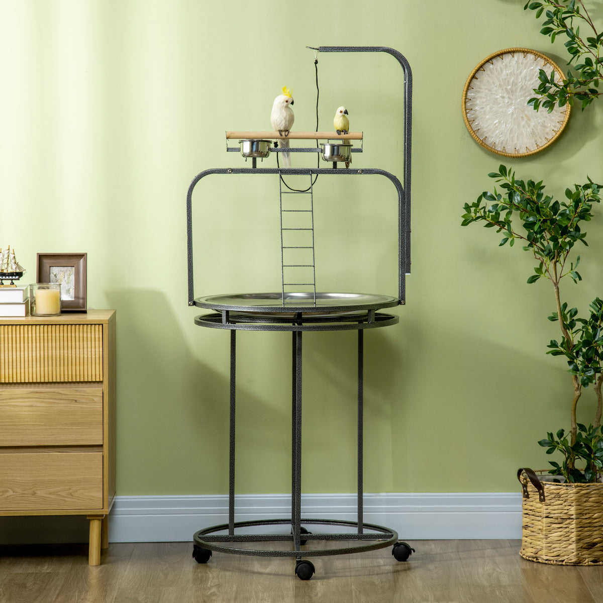Pawhut Parrot Stand Large Bird Perch Stand With Toy Hook & 3 Ladders, Parrot Perch With Easy Grip, Bird Wooden Stand, Gray Gray Steel