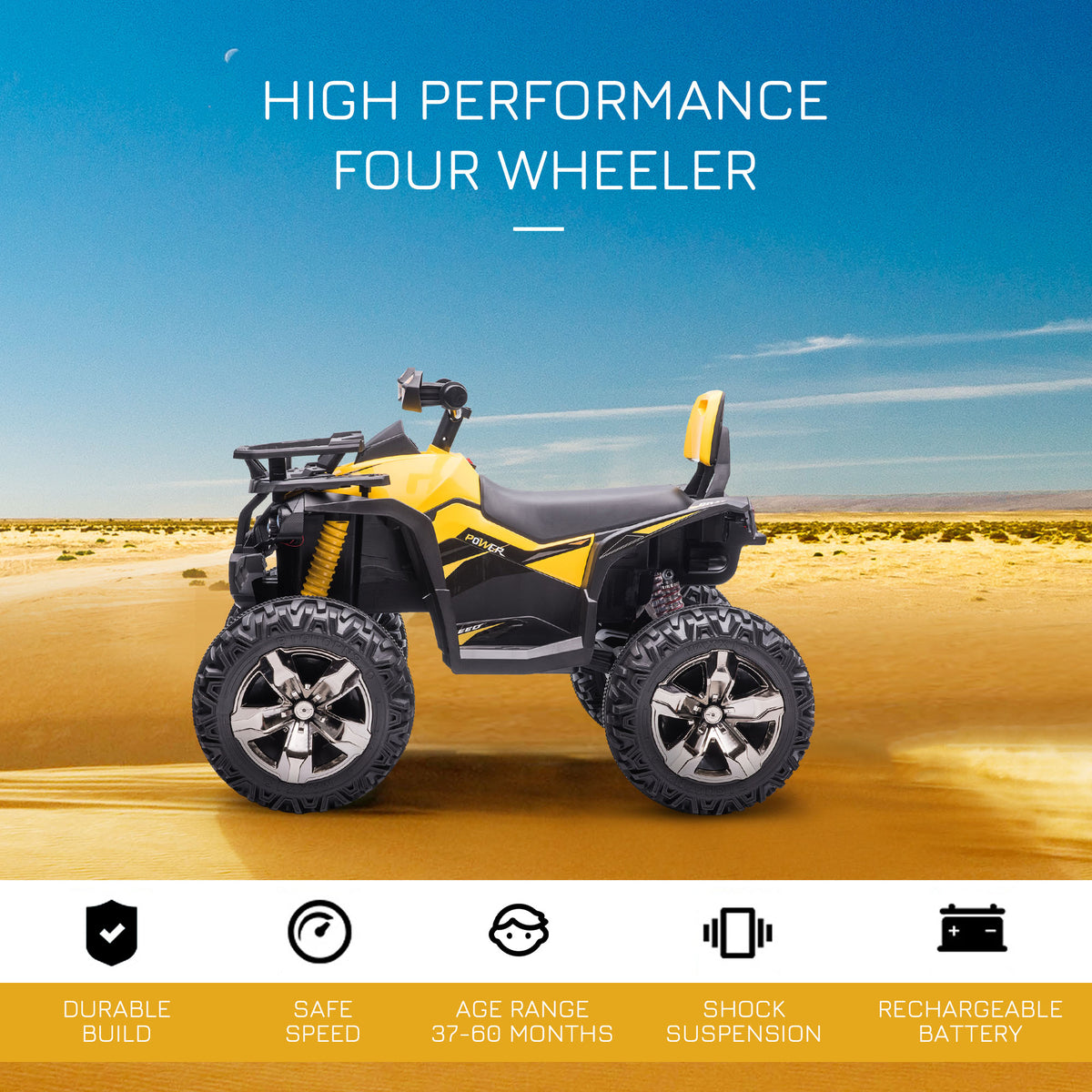 Aosom 12V Kids Atv Ride On Four Wheeler Toy Car With Music, Realistic Headlights, Wide Wheels, Rechargeable Battery Powered, For Boys And Girls, Yellow Yellow Steel