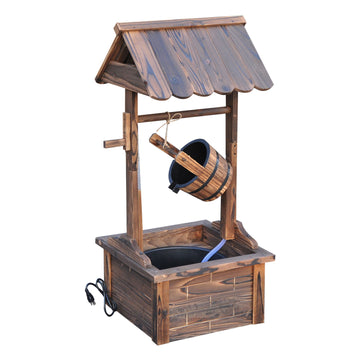 Outsunny Outdoor Wooden Wishing Well Fountain With Adjustable Water Flow Rate, Outdoor Rustic Waterfall Fountain With Electric Pump, Water Bucket, For Backyard Patio Garden Lawn, Carbonized Finish Brown Polypropylene