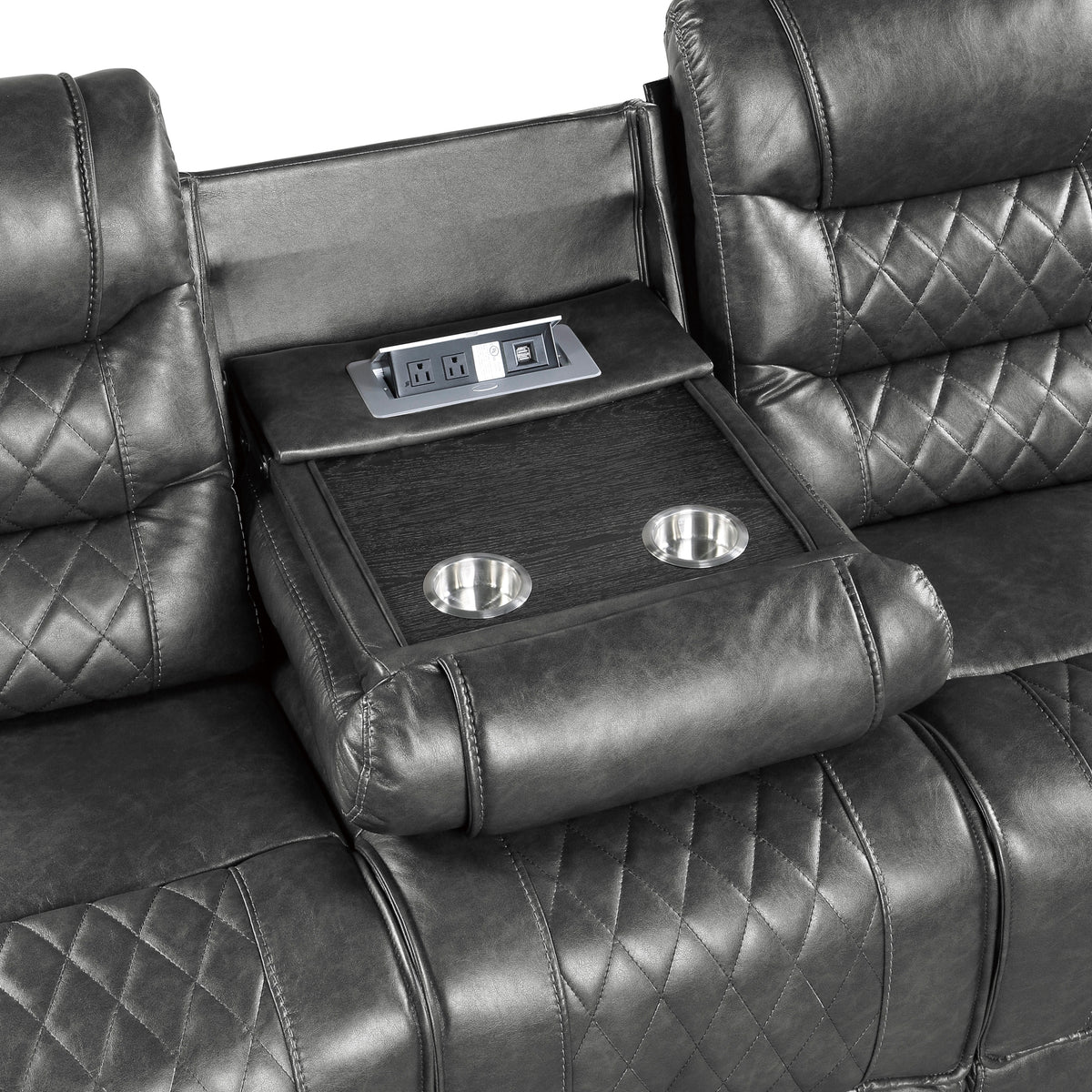 Luxurious Living Room Furniture 2Pc Reclining Sofa Set Grayfaux Leather Upholstery Center Drop Down Cup Holders, Power Outlets, Usb Ports, Diamond Pattern Stitching Gray Faux Leather Wood Primary Living Space Luxury,Modern Solid Wood 5 Seat