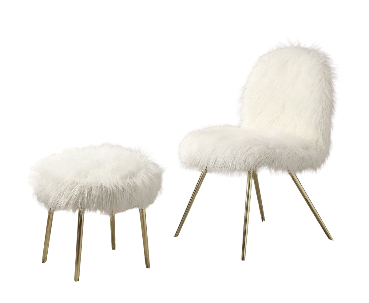 Contemporary Glam White Gold Fabric Faux Fur 1Pc Ottoman Upholstery Living Room Ottoman Seat White Gold Primary Living Space White Classic,Contemporary Square Solid Wood