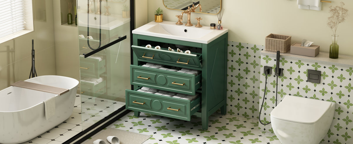 30'' Bathroom Vanity With Resin Sink Combo, Free Standing Single Vanity Set With 3 Drawers, Solid Wood Frame Bathroom Storage Cabinet, Green 3 Green Bathroom Freestanding Solid Wood Mdf Resin Painted