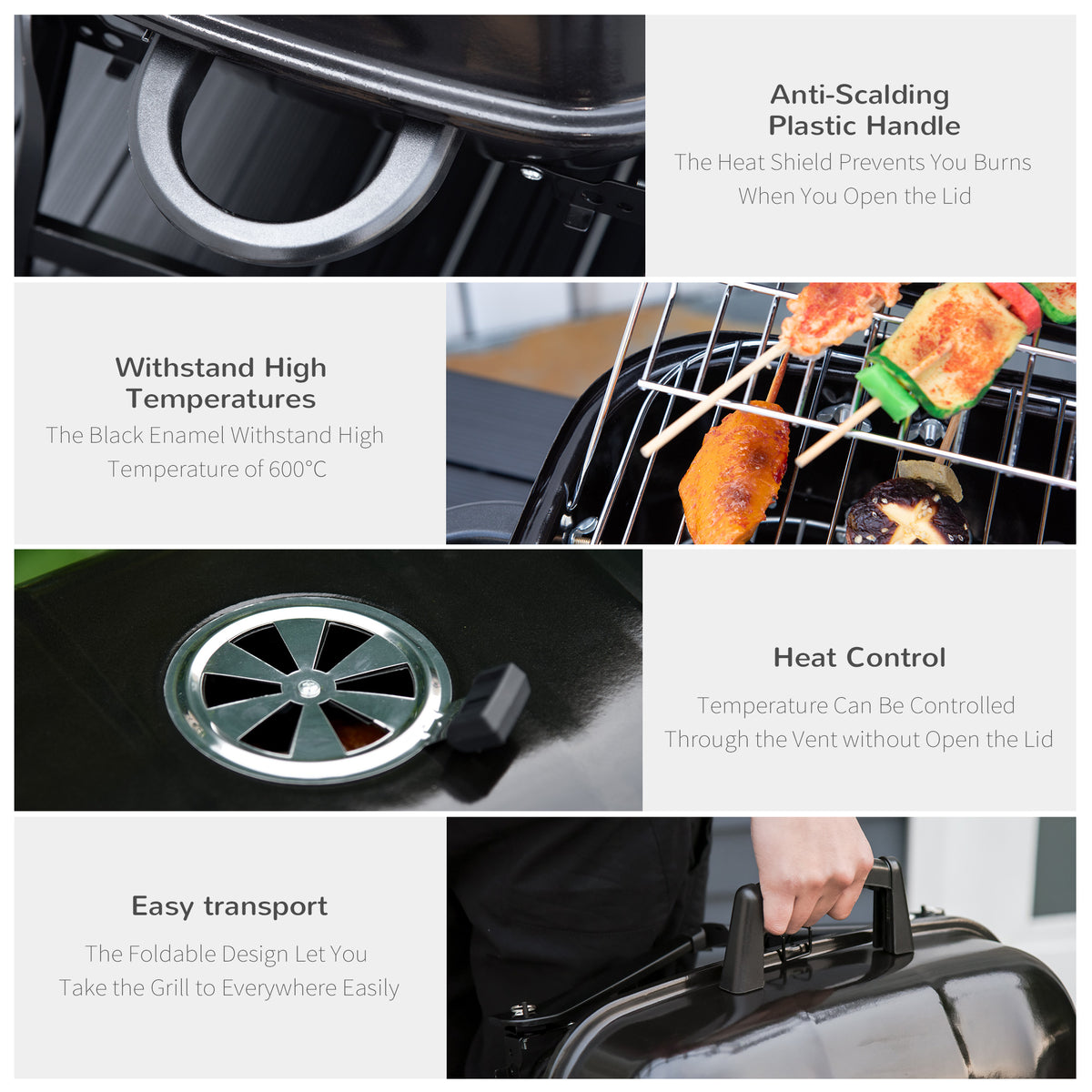 Outsunny 14" Portable Charcoal Grill, Tabletop Small Bbq Grill For Outdoor Cooking, Camping, Tailgating, Enamel Coated, Vent, Folding Legs, Black Black Iron
