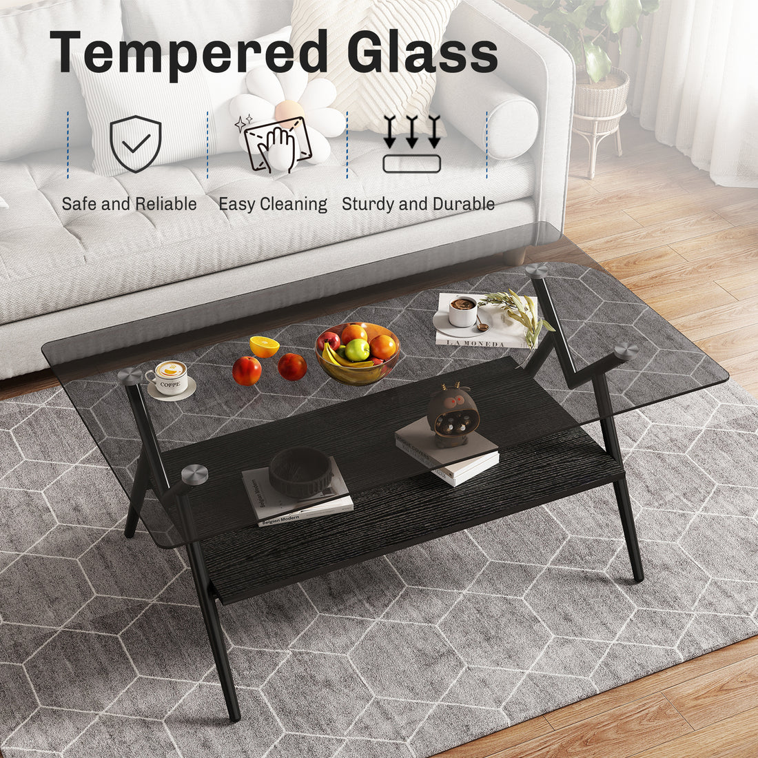 Rectangle Coffee Table With Tempered Glass Top And Black Mdf Shelf, Modern Table For Living Room, Gray Glass Gray Tempered Glass