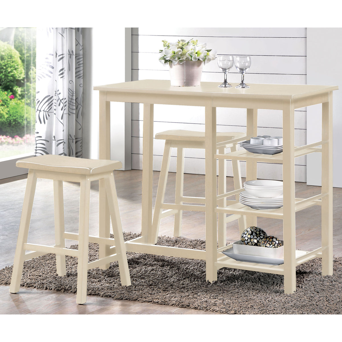 Buttermilk 3 Piece Counter Height Set With Shelves Wood Wood White Seats 2 Wood Dining Room Fixed Table Rubberwood 4 Leg Rectangular Dining Table With Chair Wood