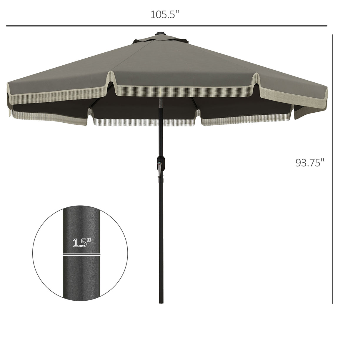 Outsunny 9Ft Patio Umbrella With Push Button Tilt And Crank, Ruffled Outdoor Market Table Umbrella With Tassles And 8 Ribs, For Garden, Deck, Pool, Dark Gray Dark Grey Polyester