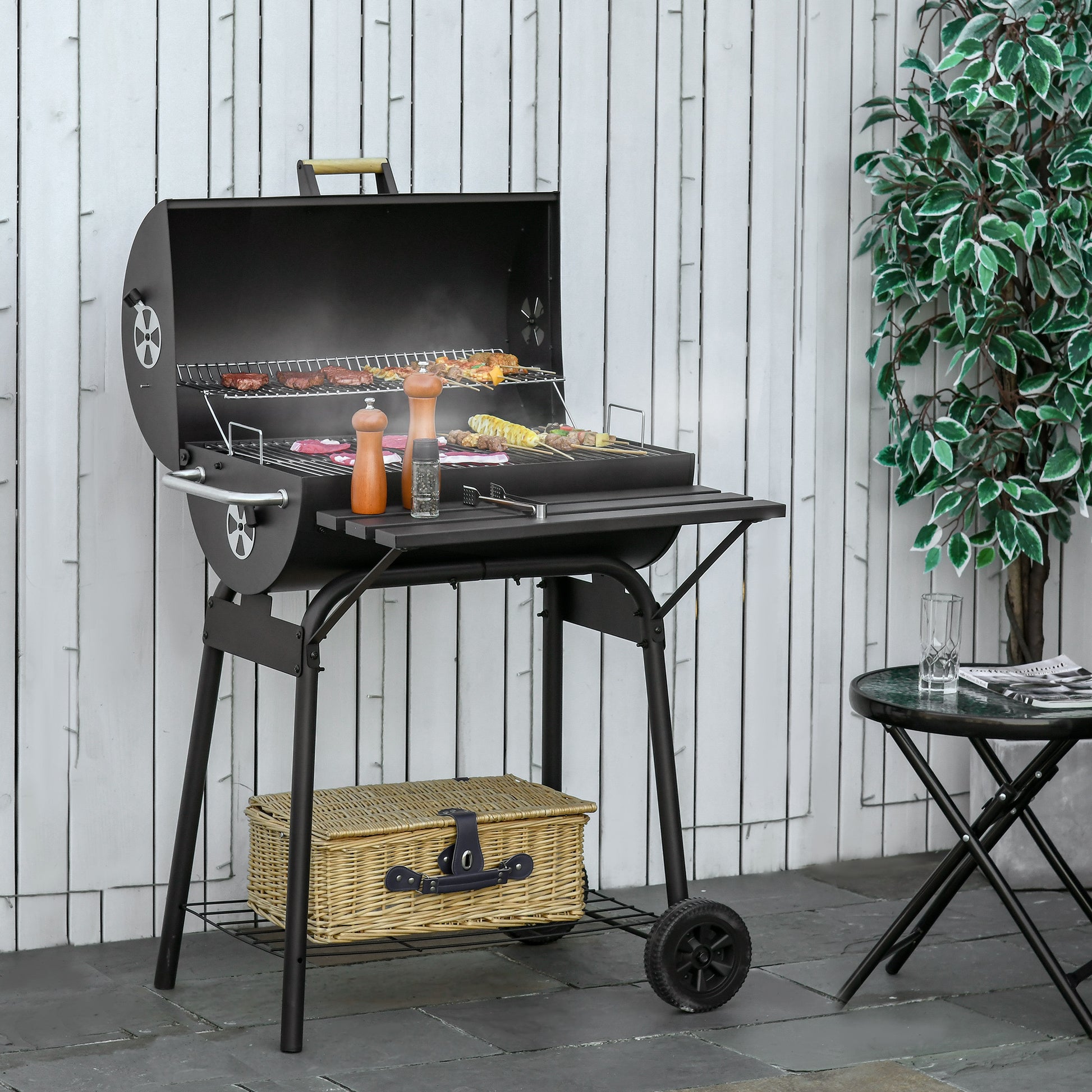 Outsunny 30" Portable Barrel Charcoal Bbq Grill, Steel Outdoor Barbecue Smoker With Storage Shelf, Wheels For Garden Camping Picnic, Black Black Carbon Steel