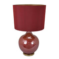 Gia 32 Inch Table Lamp, Drum Shade, Curved Round Glass Body, Red Finish Red Glass