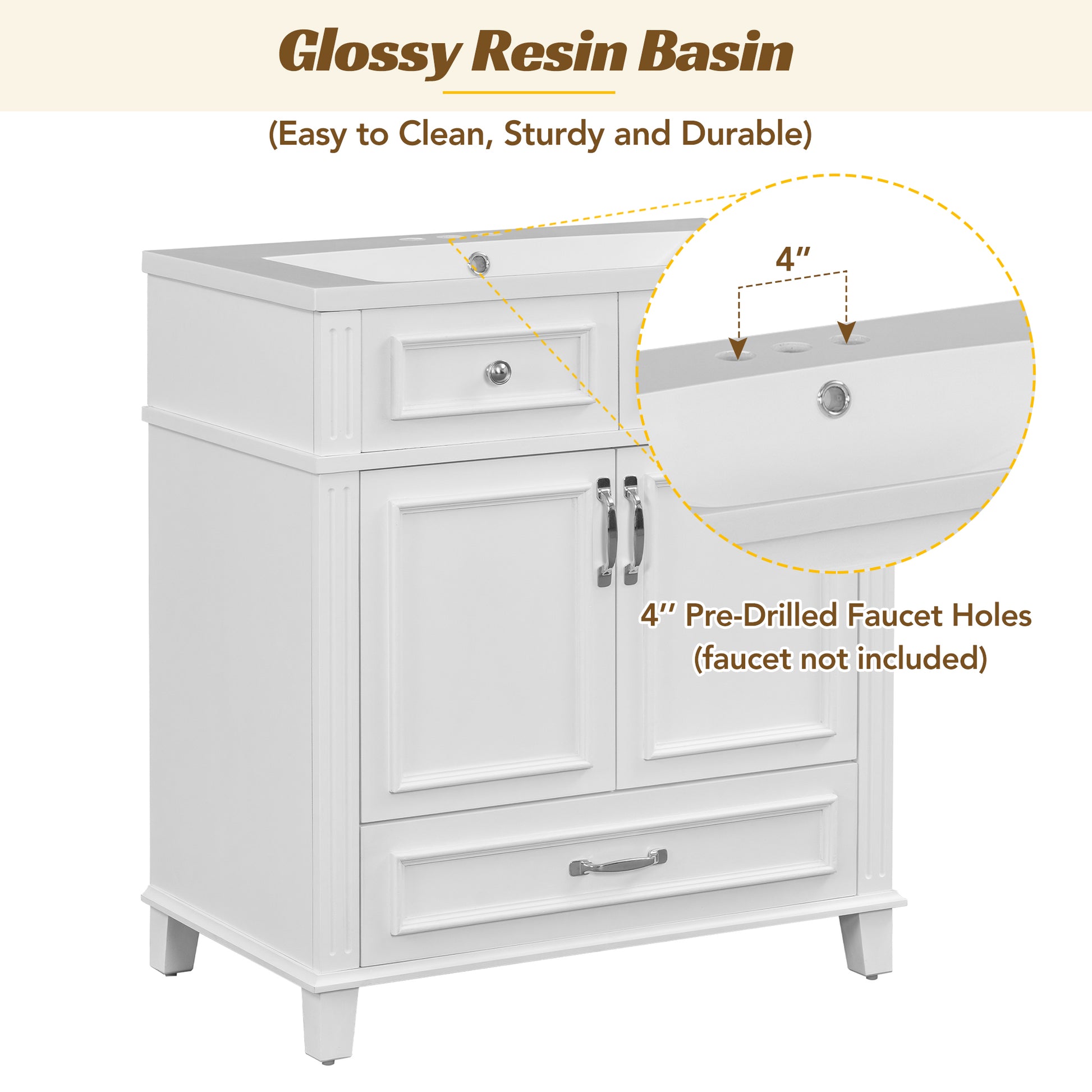 30'' Bathroom Vanity With Resin Sink, Solid Wood Frame Bathroom Storage Cabinet With Soft Closing Doors, Retro Style, White Same As Sw000118Aak White Bathroom Modern Solid Wood Mdf Resin