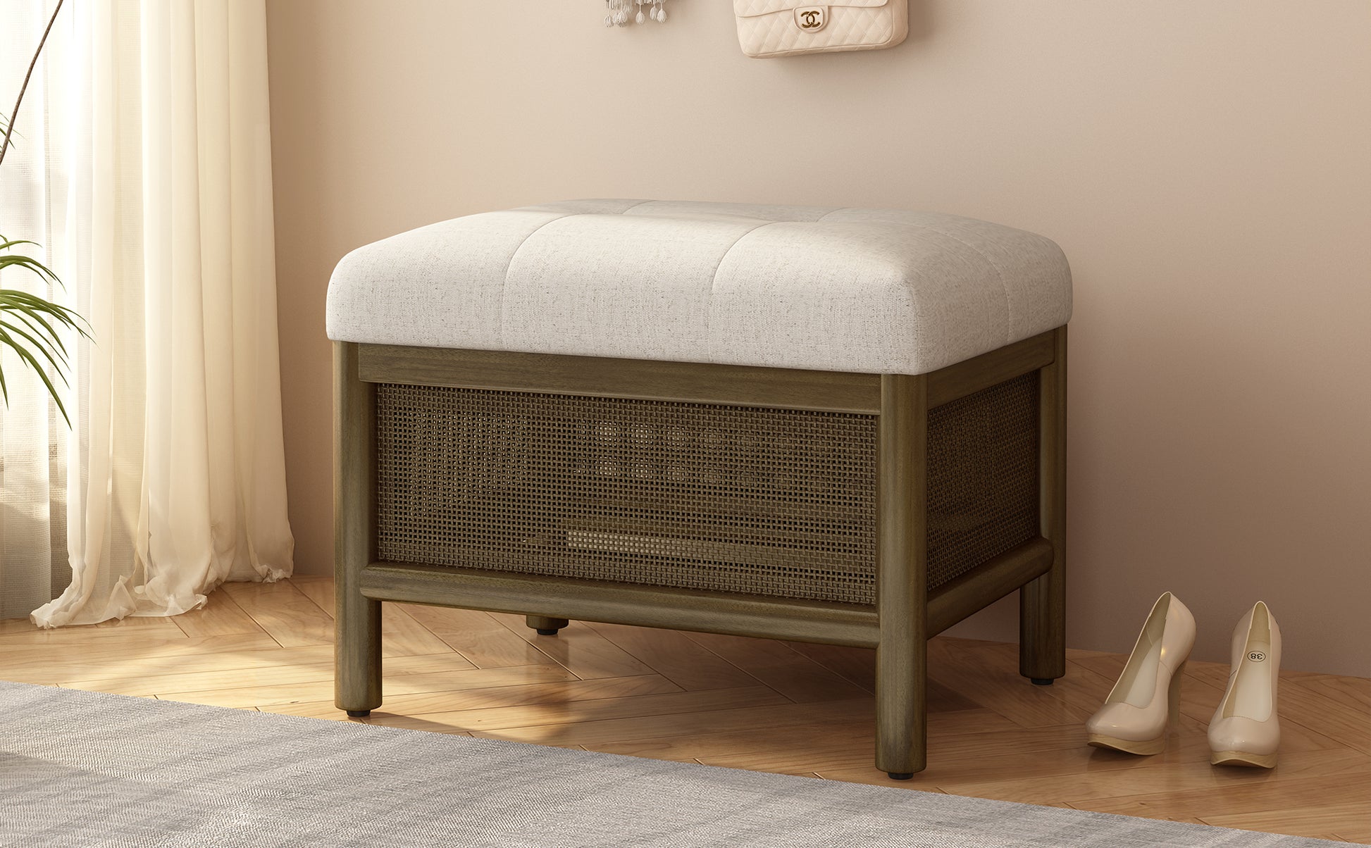 Cane Base Ottoman Dark Walnut Cream 21.5"*16"*17" White Deep Walnut Wood Soft American Traditional Hickory Wood Rectangle Wood Fabric