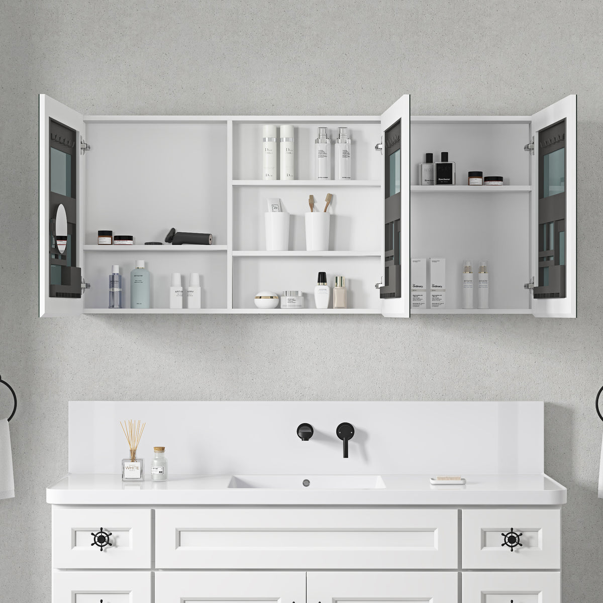 60'' W X 26'' H Bathroom Mirror Medicine Cabinet Wooden Door Medicine Cabinets For Bathroom, Wall Mounted Recessed Or Surface, Bathroom Mirror With Storage White Engineered Wood