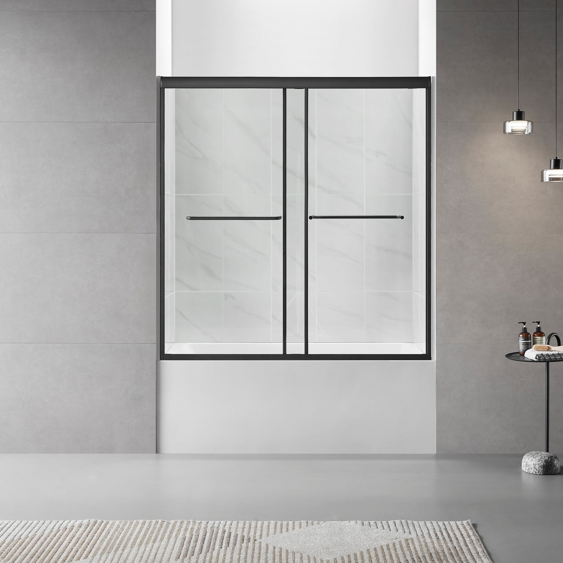 60"W X 60"H Bathtub Glass Sliding Shower Tub Door, 1 4 In. Clear Glass, Framed Bypass Double Sliding Tub Glass Door, Matte Black Finish Matte Black Bathroom American Design Glass Metal