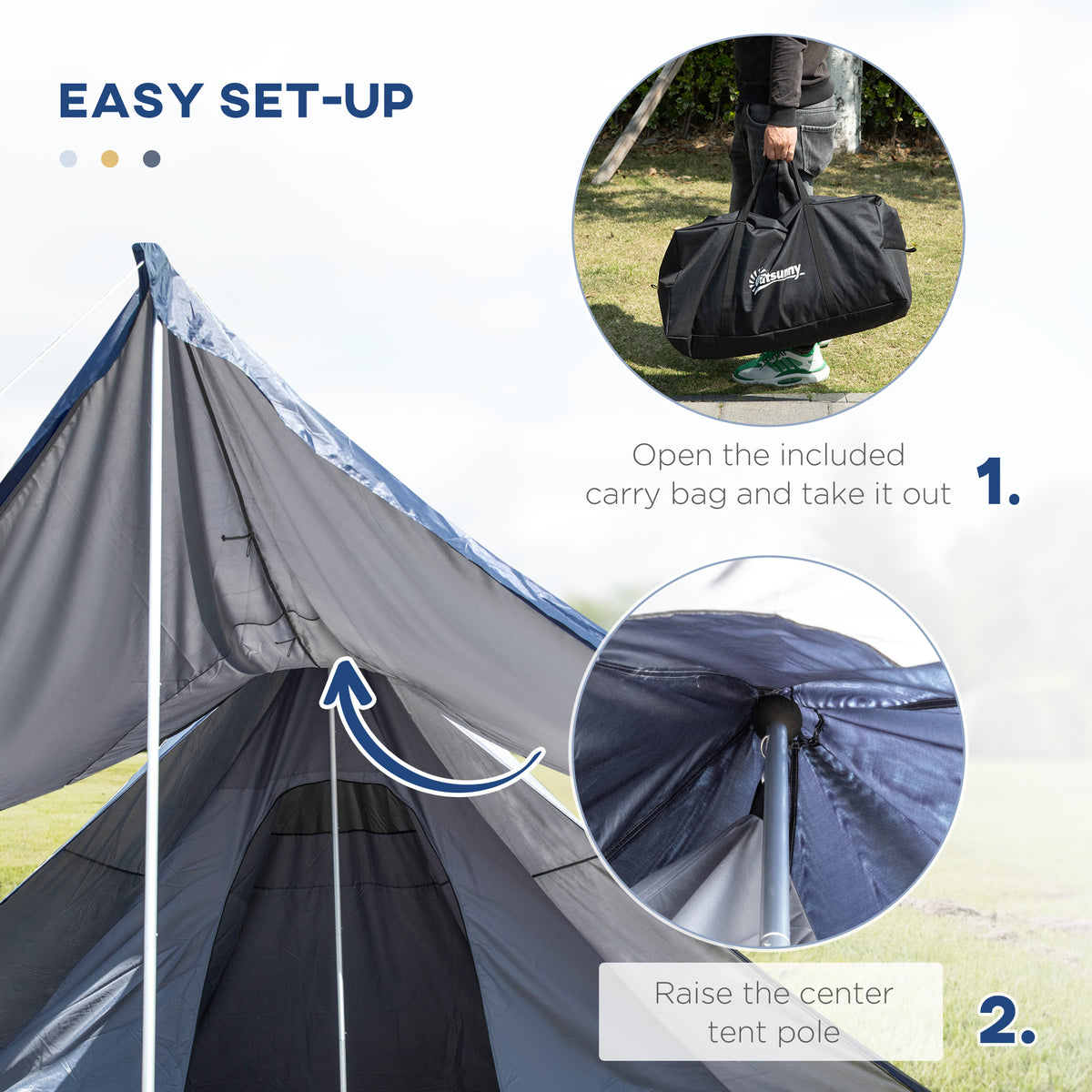 Outsunny 15.4'X15.4'X8.5' Teepee Tent, Waterproof Camping Tent With Porch Area, Floor And Carry Bag, For 2 3 Person Outdoor Backpacking Camping Hiking, Blue Blue Aluminum