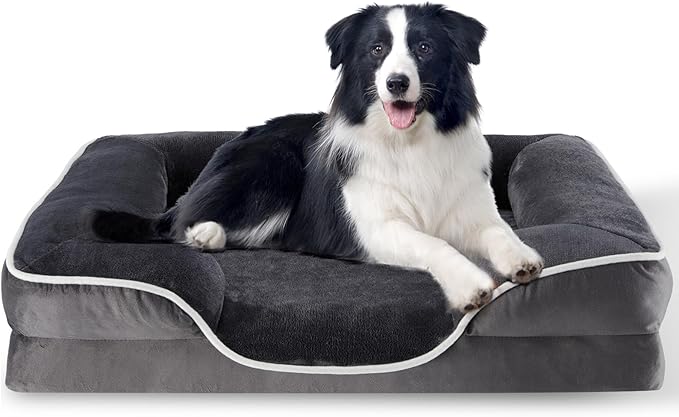 35'' Orthopedic Dog Bed For Large Dog, Memory Foam Dog Bed, Egg Crate Foam Dog Couch Bed With Washable Removable Cover, Grey Grey Faux Fur