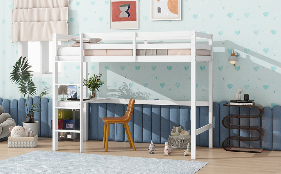 Twin High Loft Bed, Rubber Wood Loft Bed With Safety Guardrail, Built In Desk, Ladder,White Twin White Rubber Wood