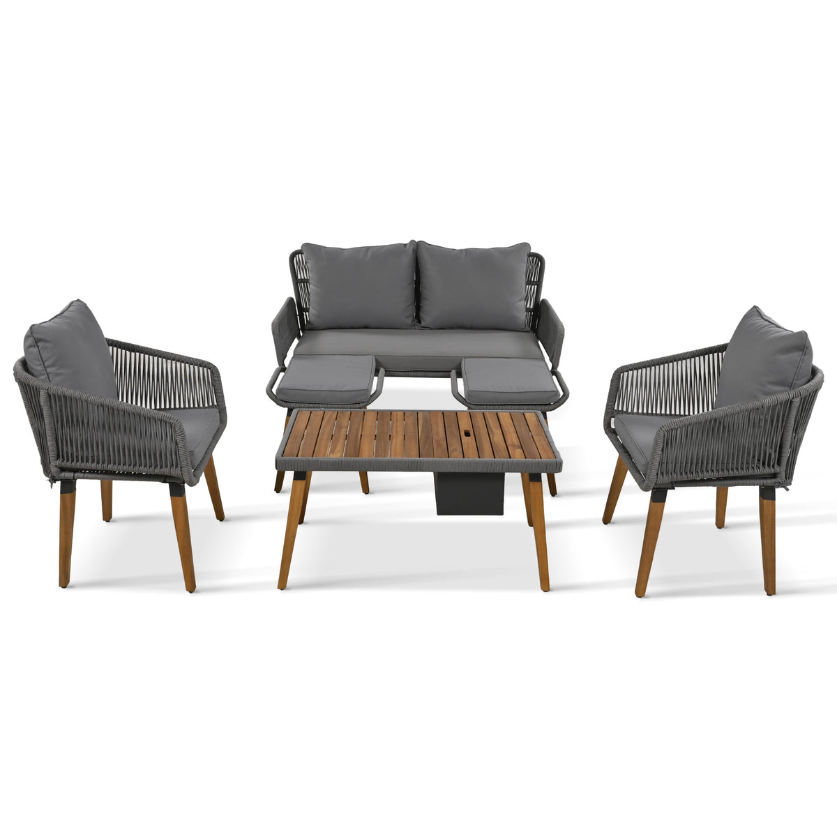 K&K 6 Piece Rope Patio Furniture Set, Outdoor Furniture With Acacia Wood Cool Bar Table With Ice Bucketdeep Seat Patio Conversation Set With Two Stools For Backyard Porch Balcony Grey Yes Complete Patio Set Grey Weather Resistant Frame Fade Resistant