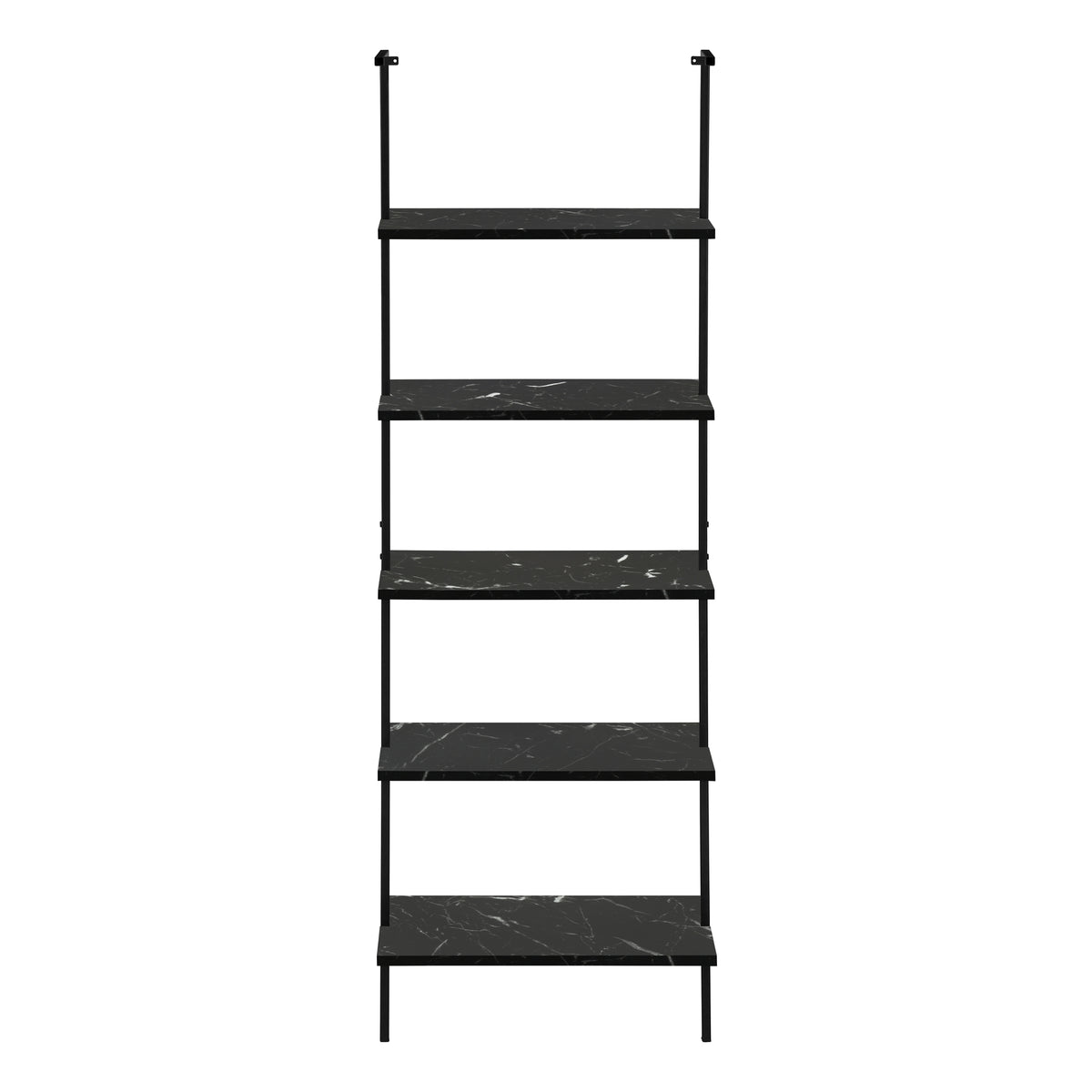Bookshelf, Bookcase, Etagere, Ladder, 5 Tier, 72"H, Office, Bedroom, Black Marble Look Laminate, Black Metal, Contemporary, Modern Black Metal