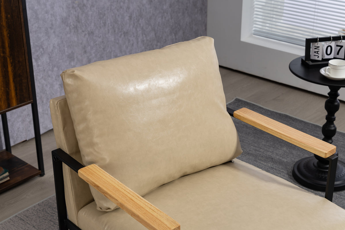 Leather Accent Chair Guest Chair For Living Room, Mid Century Armchair For Bedroom Khaki Pu