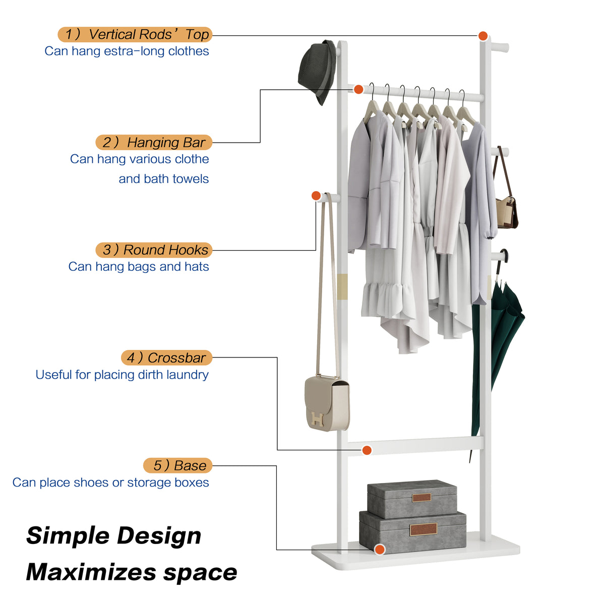 Coat Racks Solid Wood Hanger 23.6* 11*64.1In Solid Environmental Protection Easy To Assemble Beautiful Can Be Placed In The Bedroom Entrance Living Room White White White American Design,Art