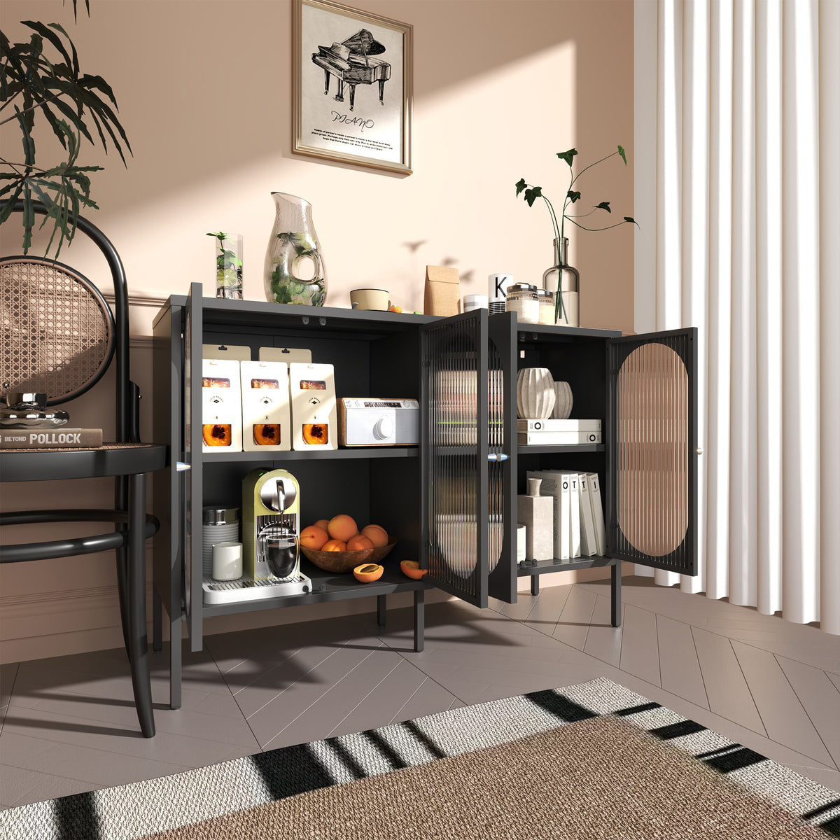 Metal Sideboard Cabinet With 4 Glass Door, Steel Locker Sideboard Buffet Cabinet, Sideboard Buffet Cabinet With 4 Doors, Kitchen Storage Cabinet, Coffee Bar Cabinet For Kitchen, Living Room, Black