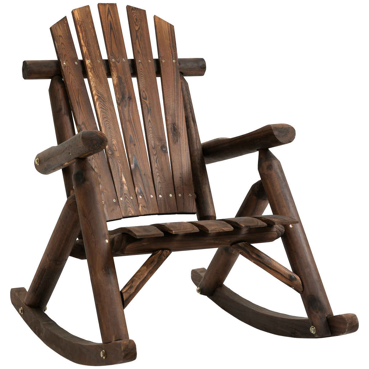 Outsunny Outdoor Wooden Rocking Chair, Single Person Adirondack Rocking Patio Chair With Rustic High Back, Slatted Seat And Backrest For Indoor, Backyard, Garden, Carbonized Brown Wood