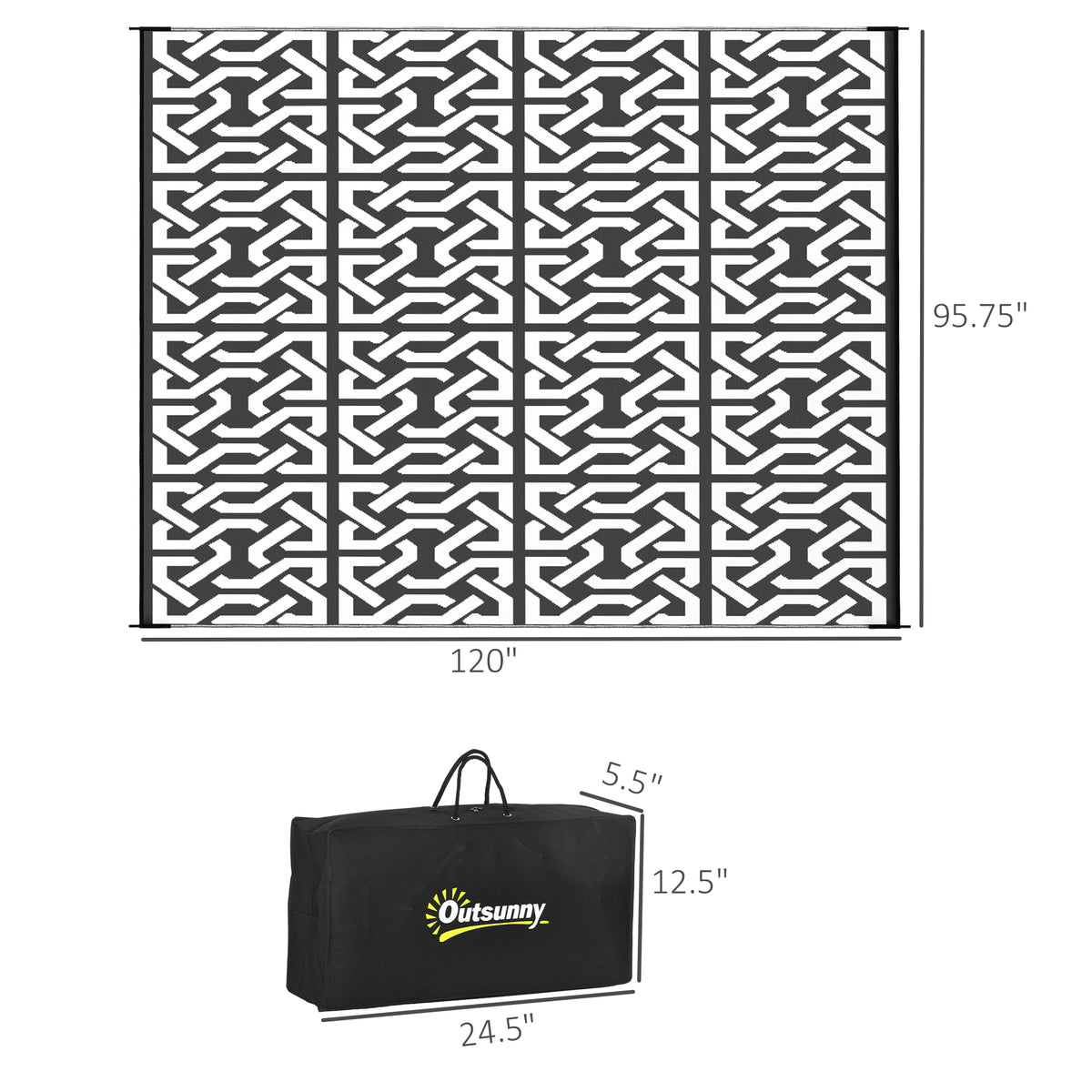 Outsunny Reversible Outdoor Rug, 8' X 10' Waterproof Plastic Straw Floor Mat, Portable Rv Camping Carpet With Carry Bag, Large Floor Mat For Backyard, Deck, Picnic, Beach, Black & White Chain Multicolor Polypropylene