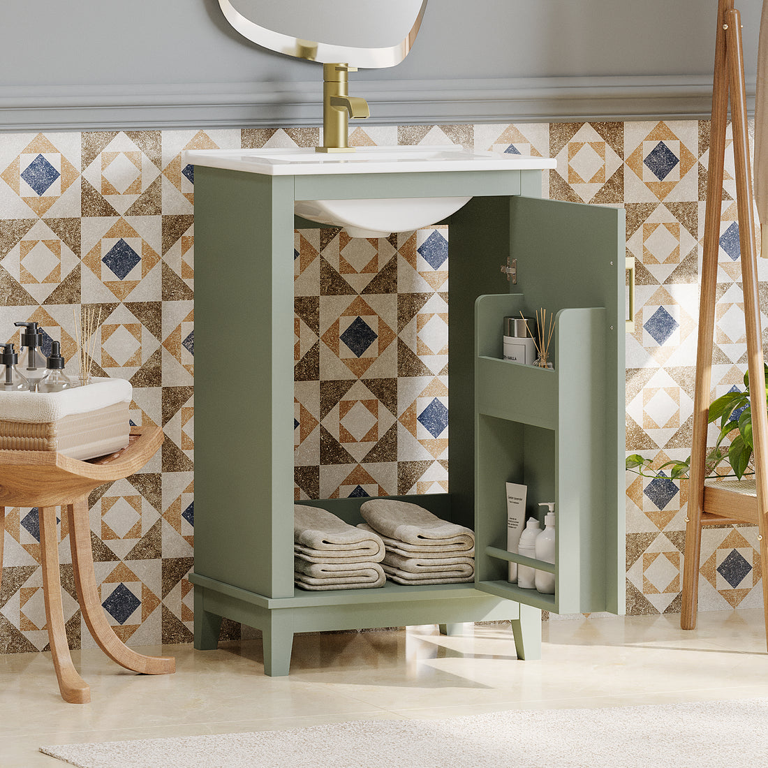 Viedo 20 Inch Modern Small Bathroom Vanity Cabinet With Ceramic Basin 20*15.5*33.3 Inches,Ample Storage,1 Soft Close Door Green Bathroom Solid Wood Mdf