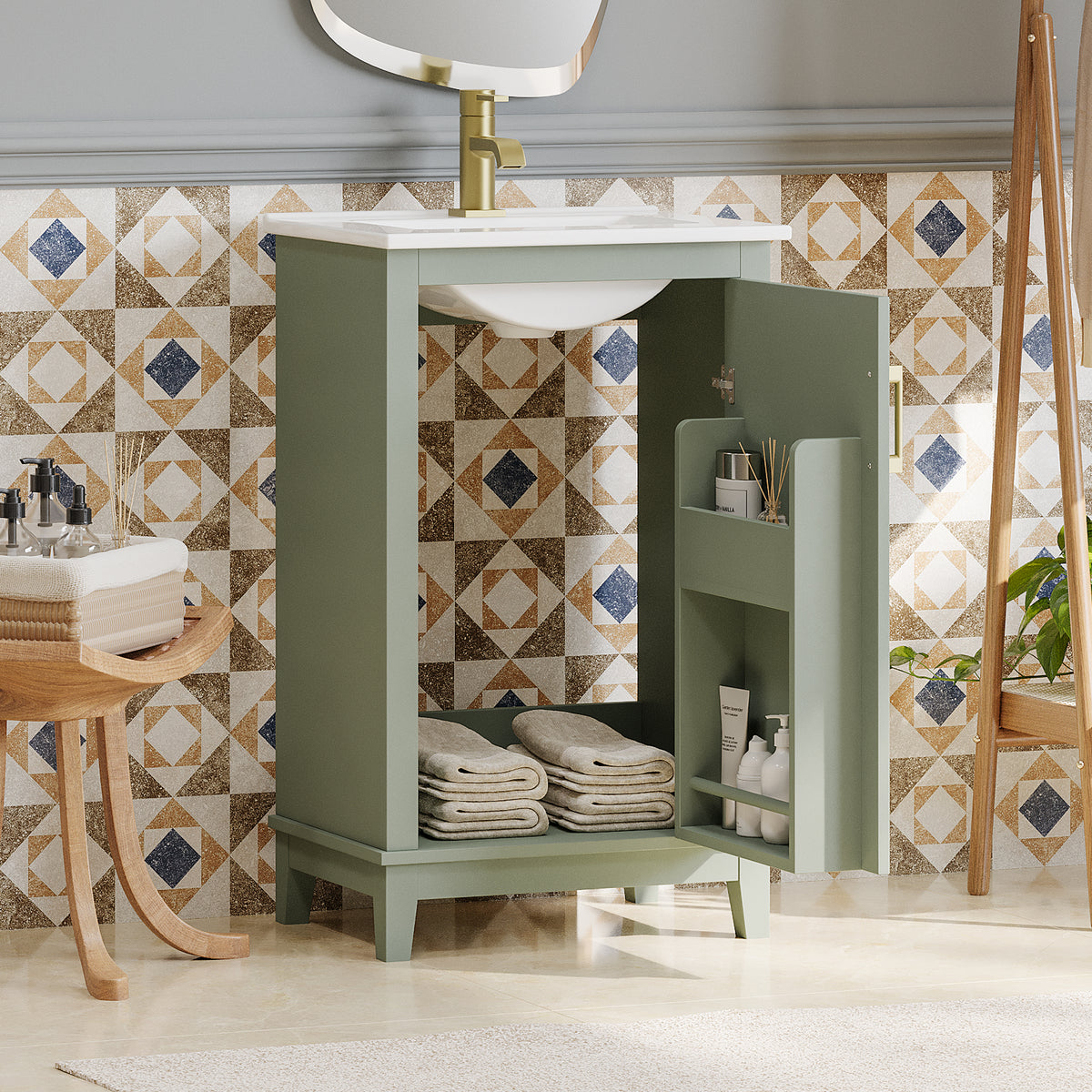 Viedo 20 Inch Modern Small Bathroom Vanity Cabinet With Ceramic Basin 20*15.5*33.3 Inches,Ample Storage,1 Soft Close Door Green Bathroom Solid Wood Mdf