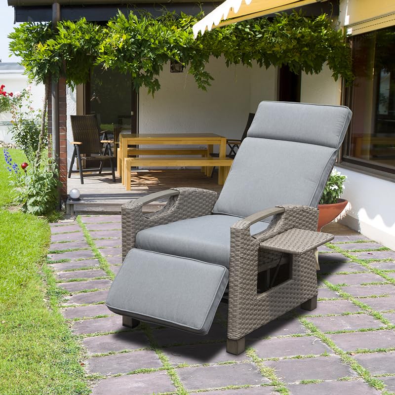 Outdoor Recliner Chair, Patio Recliner With Hand Woven Wicker, Flip Table Push Back, Adjustable Angle, 6.8'' Thickness Cushions, Reclining Lounge Chair For Indoor And Outdoor, Gray Yes Gray Garden & Outdoor Steel Rattan
