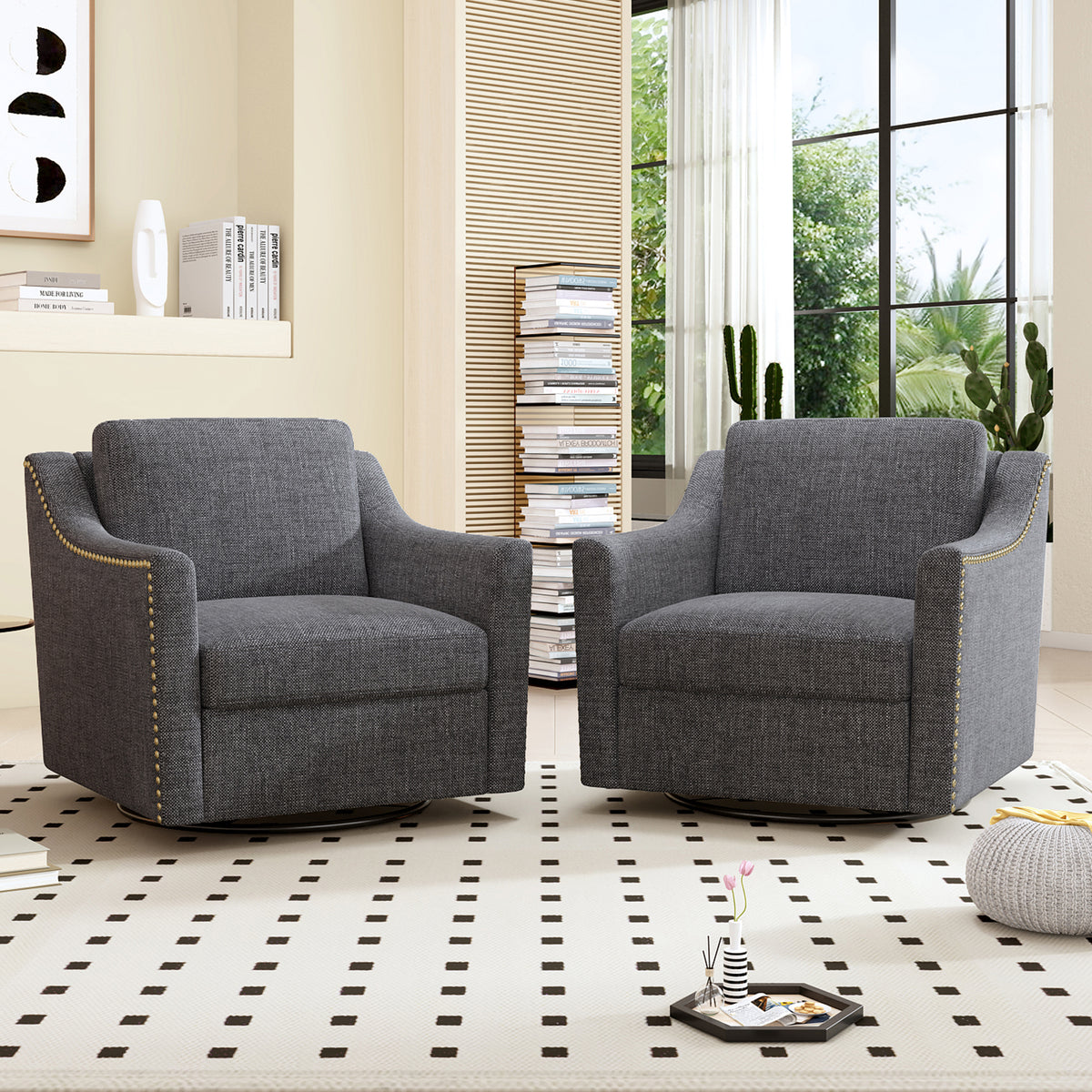 360 Degree Swivel Armchair Cotton Linen Skin Friendly Fabric Ergonomic Design Brass Nail Decorative Armchair Living Room Chairs Bedroom Chairs Living Room Chairs Black Legs Suitable For Indoor Homes Black Gray Modern Foam Cotton Linen
