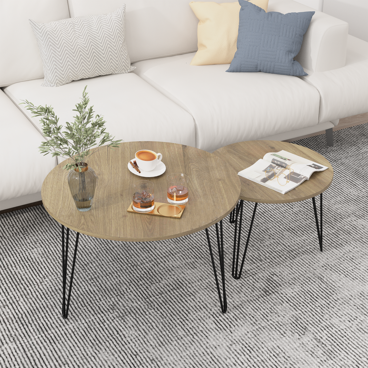 27.56'' Round Nesting Coffee Table Set Of 2, Circular Nesting End Table Set, Round Wooden Tabletop, And Sturdy Metal Base For Living Room, Bedroom, Brown Rustic Brown Round Wood Metal