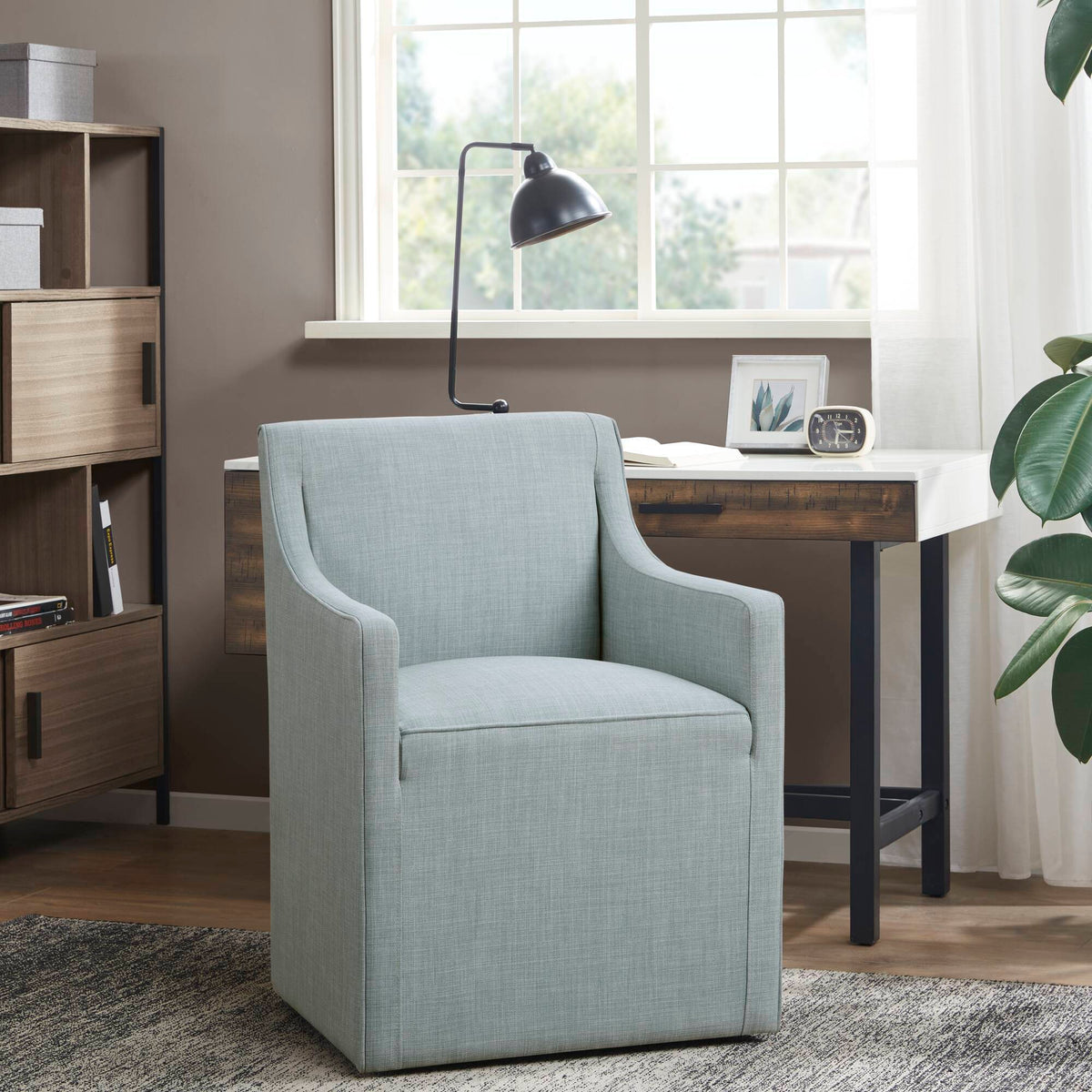 Skirted Dining Arm Chair With Casters Blue Wood