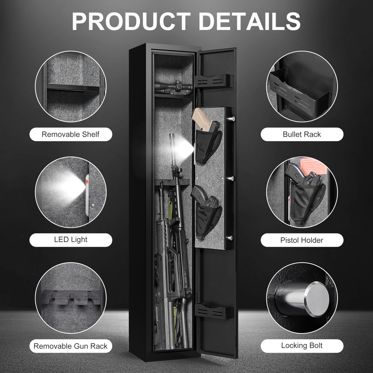 Sturdy Black Steel Cabinet, With Led Lights, Removable Shelf Bullet Rack And Rack. Black Metal