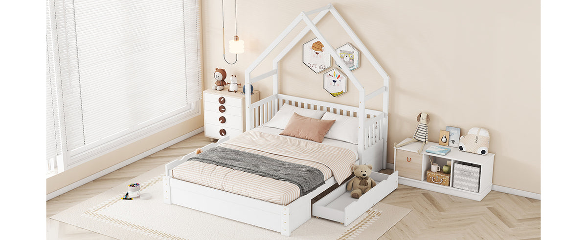 Wood Queen Size House Platform Bed With Guardrail And 2 Drawers, White Box Spring Not Required Queen White Wood Bedroom Bed Frame Solid Wood Mdf