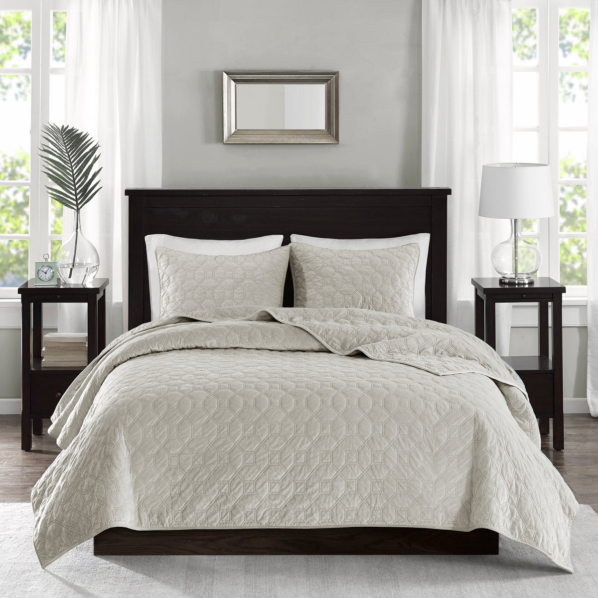 3 Piece Velvet Quilt Set Ivory Full Queen Full Ivory Cotton
