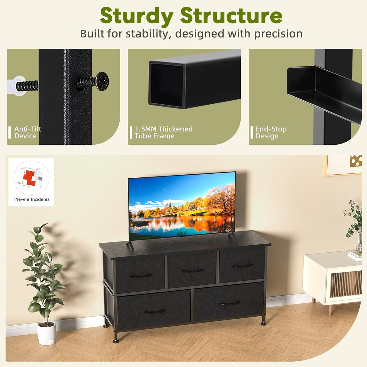 5 Drawers Dresser For Bedroom, Kidsroom Furniture, Wide Chest Of Drawers, Storage Organizer Units With Fabric Bins For Closet, Entryway, Metal Frame, Waterproof Wood Top, Adjustable Feet Black Wood