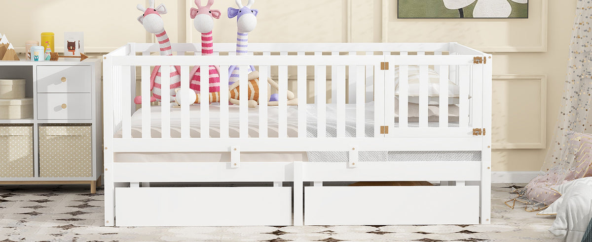 Full Size Wood Daybed With Fence Guardrails And 2 Drawers, Split Into Independent Floor Bed & Daybed, White Old Sku :Lp000882Aak Full White Solid Wood Mdf