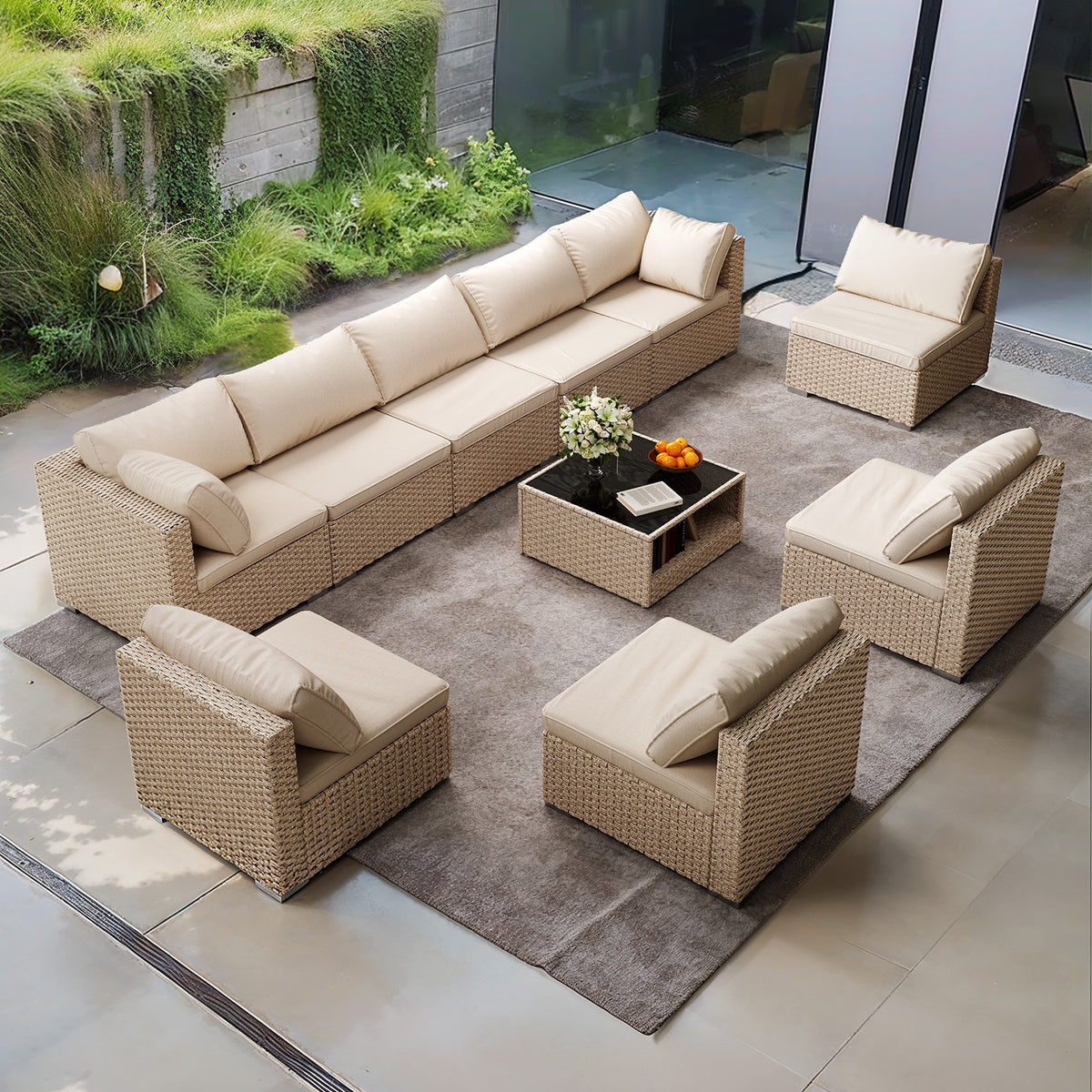 9 Piece Patio Furniture Set, All Weather Boho Outdoor Conversation Set Sectional Sofa With Water Resistant Grey Thick Cushions Beige Pe Rattan Iron Waterproof Fabric