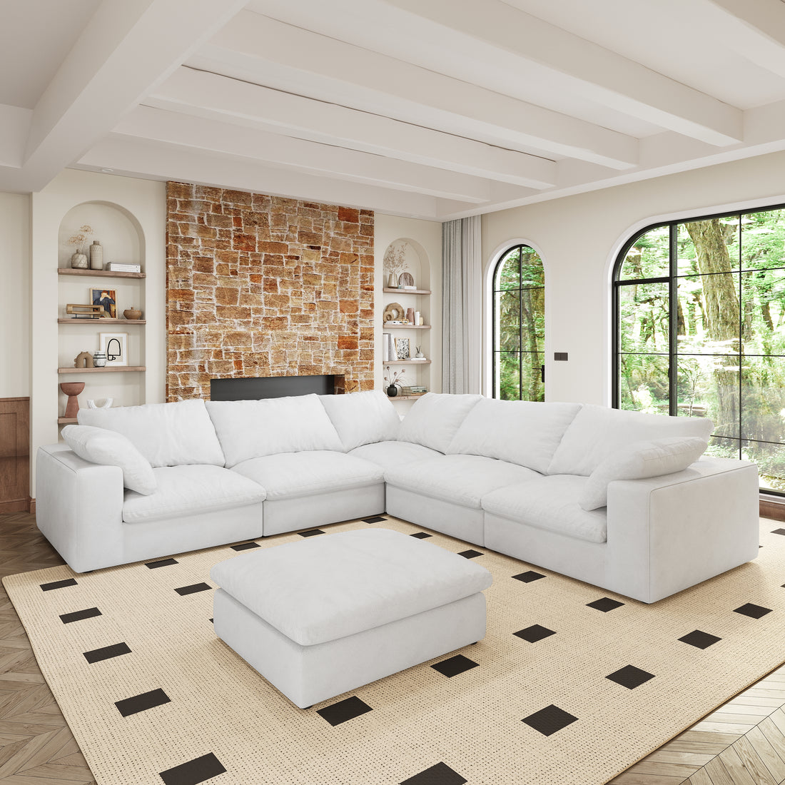 Oversized 160" Cloud Modular Sectional Sofa With Storage Ottomans, V Shaped Minimalist Sofa Couch, 6Seaters Convertible Couch Deep Seat Couches For Living Room 6Seaters White Down Filling,Fabric,Foam 6 Seat